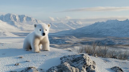 A cute polar bear cub sits atop a snow-covered hill, surrounded by falling snowflakes in a tranquil winter atmosphere