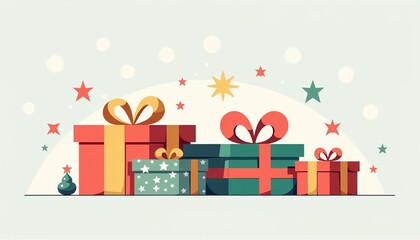 Colorful gift boxes with ribbons and stars on light background and copy space