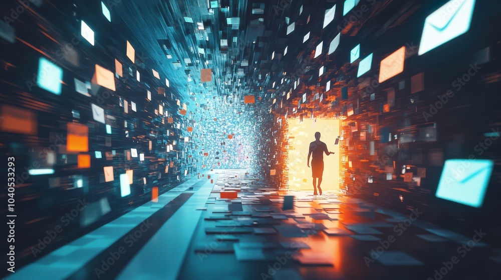 Poster A dynamic image of a person navigating a digital obstacle course made of floating emails, notifications, and deadlines