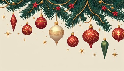 Victorian Christmas ornaments on Christmas tree with blurred background and copy space
