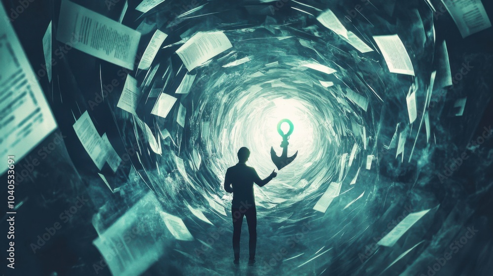 Poster A dynamic image of a person navigating through a swirling vortex of floating digital documents and notifications while holding onto a glowing anchor