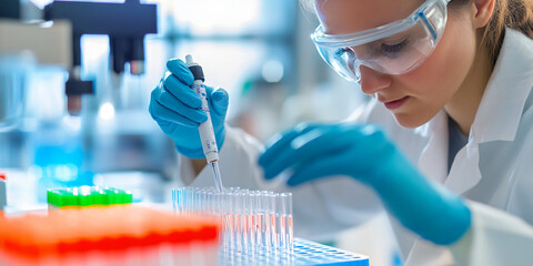 A scientist carefully pipetting liquid into test tubes, wearing protective goggles and working in a sterile laboratory