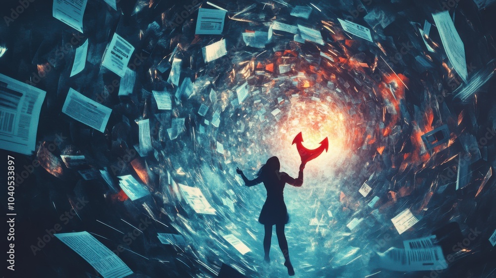 Poster A dynamic image of a person navigating through a swirling vortex of floating digital documents and notifications while holding onto a glowing anchor