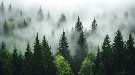 Autumn  hidden in fog, , creating a calm and atmospheric landscape.