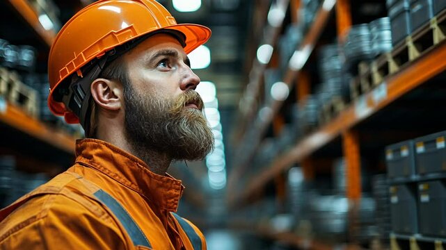 Close-up of a worker in a warehouse, looking up at the shelves.