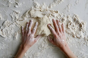 Hands are skillfully kneading dough on a tabletop dusted with flour, showcasing the rich tradition and artistry in the process of creating handmade bread delicacies.