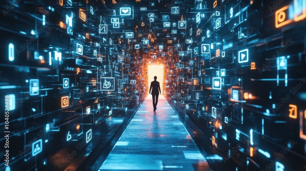 Poster a dynamic image of a person walking through a digital maze made of floating social media icons and n