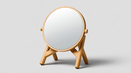 Fototapeta premium The standing mirror features wooden legs and a smooth oval frame, adding a stylish touch to the minimalist space around it