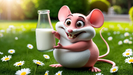 cute cartoon mouse with bottle of milk on summer lawn, daisy flowers