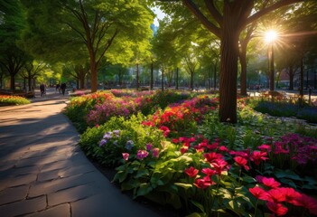Fototapeta premium vibrant urban parks showcasing unique plant arrangements lush colorful intricate textures scenic landscape, architecture, arbor, aesthetic, angular
