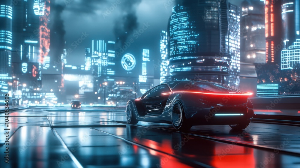 Poster a dynamic image of a sleek electric car navigating through a futuristic city with smart traffic ligh