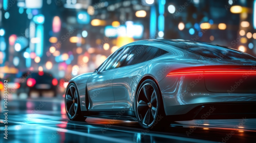 Poster a dynamic image of a sleek electric car navigating through a futuristic city with smart traffic ligh