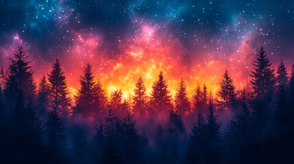 Fototapeta premium Magic forest at night with neon starry sky