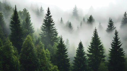 Fototapeta premium Dense fog in an autumn forest, with golden leaves and soft light filtering through the trees, creating a serene and peaceful mood.