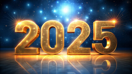 Golden numbers 2025 on a blue sparkling background