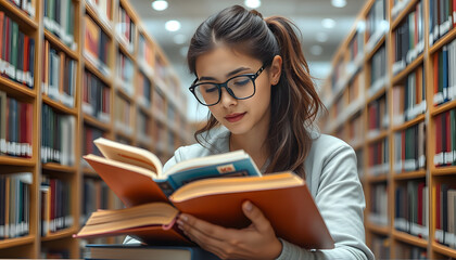 university student prepares for exams in a library, engrossed in legal studies with books and glasses, dedicated to gaining knowledge and academic success isolated with white highlights, png