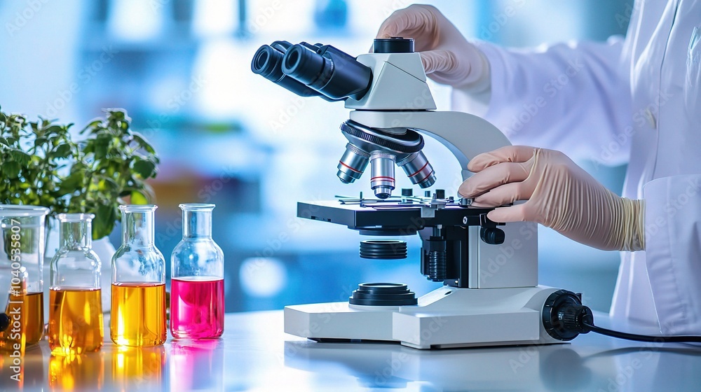 Aufkleber scientist using microscope in medical laboratory setting