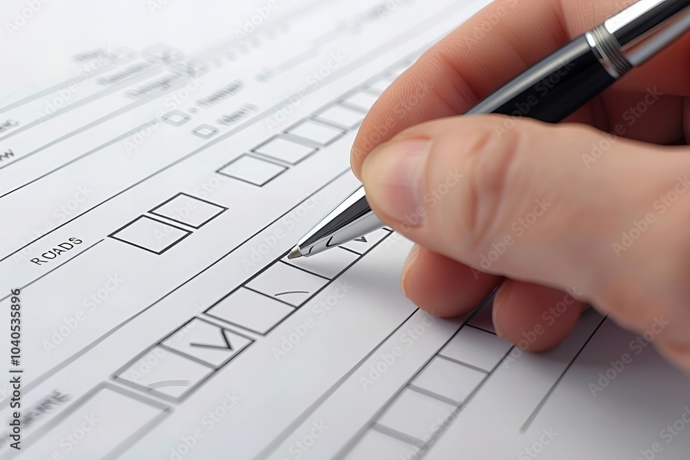 Poster Close-up of hand ticking checkboxes on survey or office report form with a pen