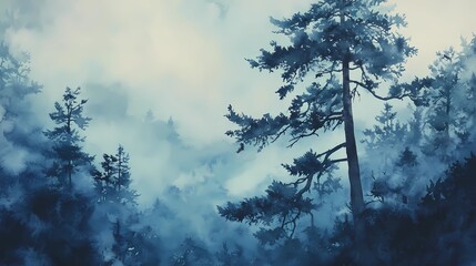 Dense fog in an autumn forest, with golden leaves and soft light filtering through the trees, creating a serene and peaceful mood.