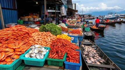Fototapeta premium Vibrant Floating Market with Fresh Seafood and Produce