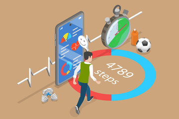 3D Isometric Flat Vector Illustration of Daily Footsteps, Person Tracking Steps With Smartphone