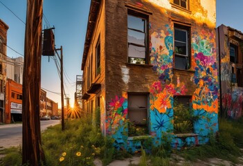 Fototapeta premium explore surreal beauty abandoned buildings adorned vibrant colorful street art murals urban landscapes, aesthetic, alley, antique, architecture, artwork