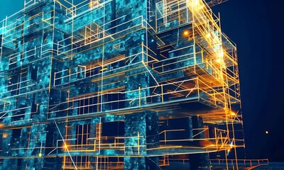 A digital representation of a construction site with scaffolding and cranes in a futuristic style. - Powered by Adobe