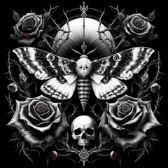 Wanddecoratie Grunge vlinders Death’s-Head Moth and Roses Art  © Oleh