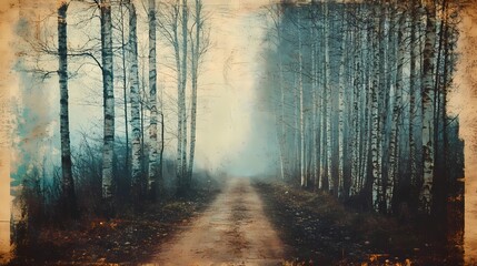 Naklejka premium Dense fog in an autumn forest, with golden leaves and soft light filtering through the trees, creating a serene and peaceful mood.