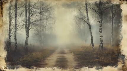 Obraz premium Dense fog in an autumn forest, with golden leaves and soft light filtering through the trees, creating a serene and peaceful mood.