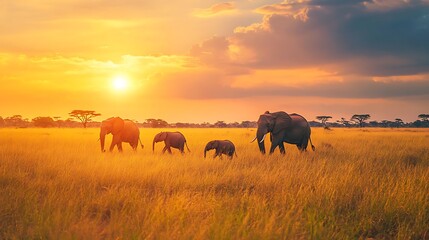 Fototapeta premium A family of elephants walking through the tall grass of the savanna, the sun setting behind them 