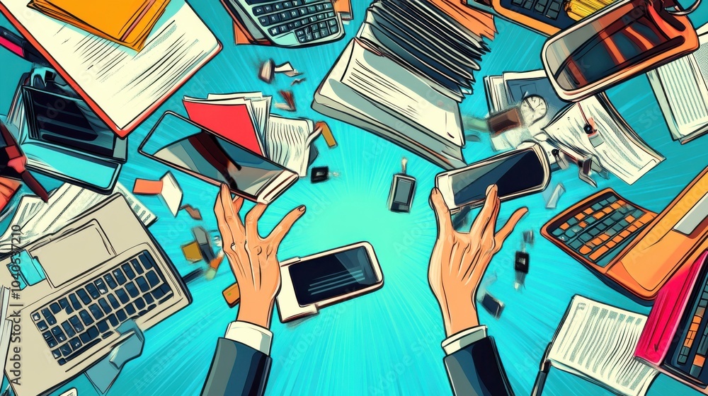 Poster a dynamic scene of a person juggling digital gadgets and work documents, symbolizing the multitaskin