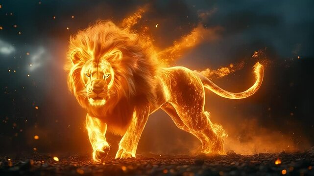 Fire lion walking on dark background. Slow motion.