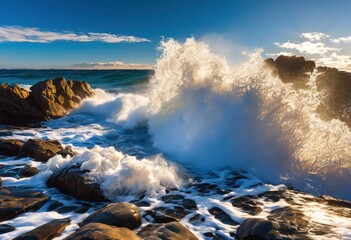 Fototapeta premium breathtaking coastal waves tumbling surf eroding rocky shorelines beneath bright blue sky, beach, ocean, water, sea, stone, landscape, foam, cliff, breeze
