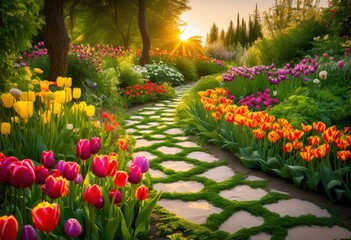 Obraz premium lush green pathway surrounded vibrant seasonal gardens displaying colorful array flowers foliage, arrangement, avenue, background, botanical, bloom