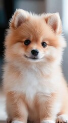 Obraz premium An orange Pomeranian dog appears to smile while looking at the camera with bright brown eyes, set against a dark gray backdrop