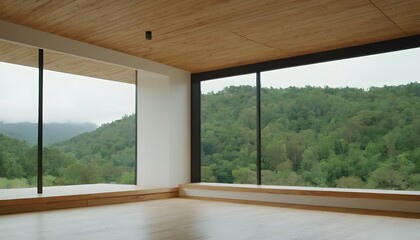 Wooden parquet floors and large glass windows illuminate an empty loft apartment with a view