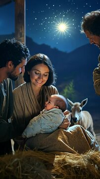 Virgin Mary holding baby Jesus Christ and Joseph looking them. Christmas nativity scene