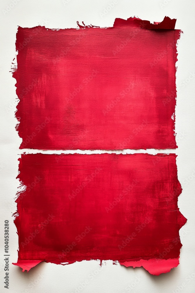 Poster vibrant abstract red artwork with textured edges on a plain background in a studio setting