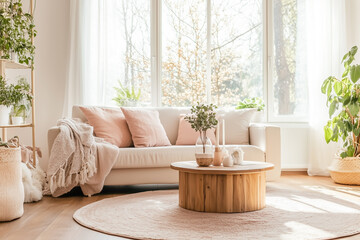 Bohemian chic living room filled with natural materials and light fabrics.