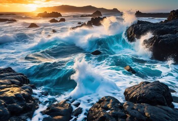 Fototapeta premium dynamic colorful waves powerfully colliding rough jagged shoreline rocks creating captivating coastal seascapes, aerial, azure, beach, beauty, blue, central