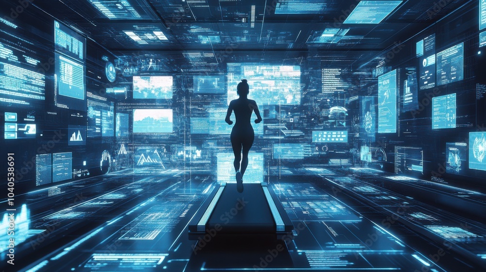 Poster a dynamic scene of a person racing on a treadmill made of digital screens and notifications, symboli