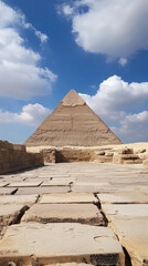 majestic pyramid stands tall against backdrop of vibrant blue skies and fluffy clouds, showcasing...