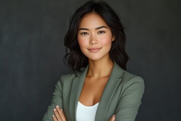 Confident young woman with crossed arms posing against a textured gray wall in natural light