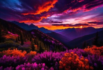 Fototapeta premium vibrant sunset casting rich hues over dramatic mountain vistas striking clouds lush vegetation silhouettes, sky, landscape, colors, horizon, scenery, beauty