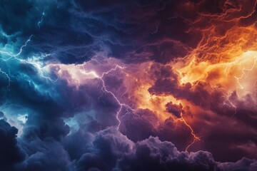 A visually striking scene where contrasting blue and orange lightning bolts electrify chaotic clouds, blending multiple colors in a powerful storm showcase.