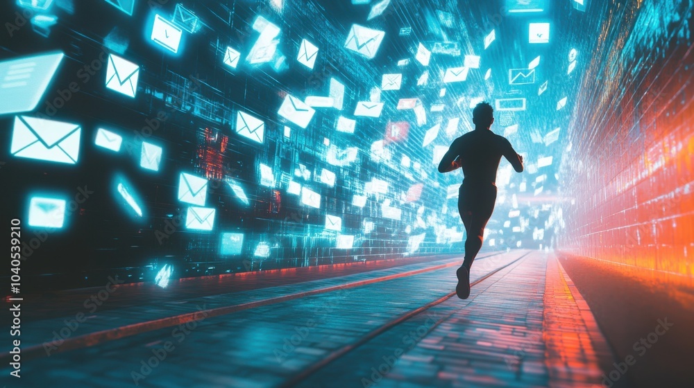 Aufkleber A dynamic scene of a person running on a track made of floating digital notifications and emails, symbolizing the constant pursuit of efficiency and the pressure of staying updated in modern life