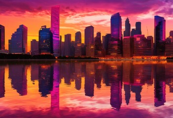 Obraz premium vibrant city skylines dusk colorful sunset reflecting modern architecture urban landscapes, buildings, horizon, clouds, light, reflection, colors, evening