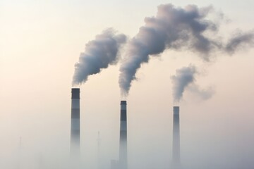 Three imposing smokestacks releasing smoke in daylight, showcasing industrial dominance and its contribution to the atmospheric concerns in current times.