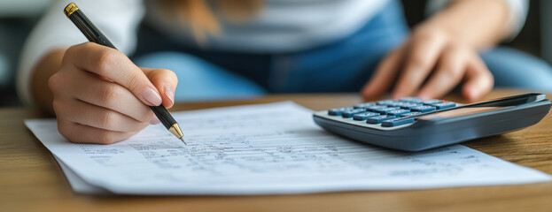 Deduction planning concept. Asian young woman hand using calculator to calculating balance prepare tax reduction income, cost budget expenses for pay money form personal Individual Income Tax Return.